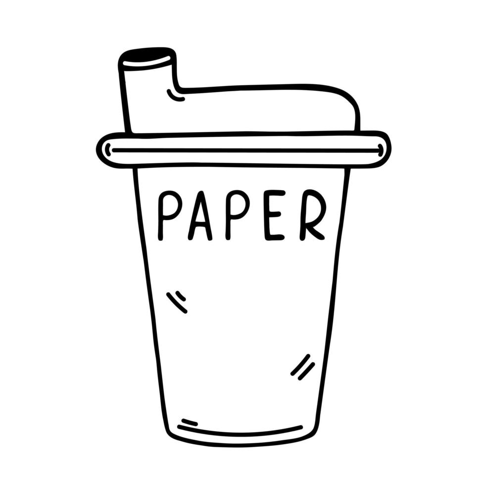 icône de vecteur de tasse de papier. récipient écologique jetable pour café, thé. tasse dessinée à la main avec capuchon. boisson chaude à emporter. doodle, contour noir. illustration isolée sur blanc pour logo, web, impression