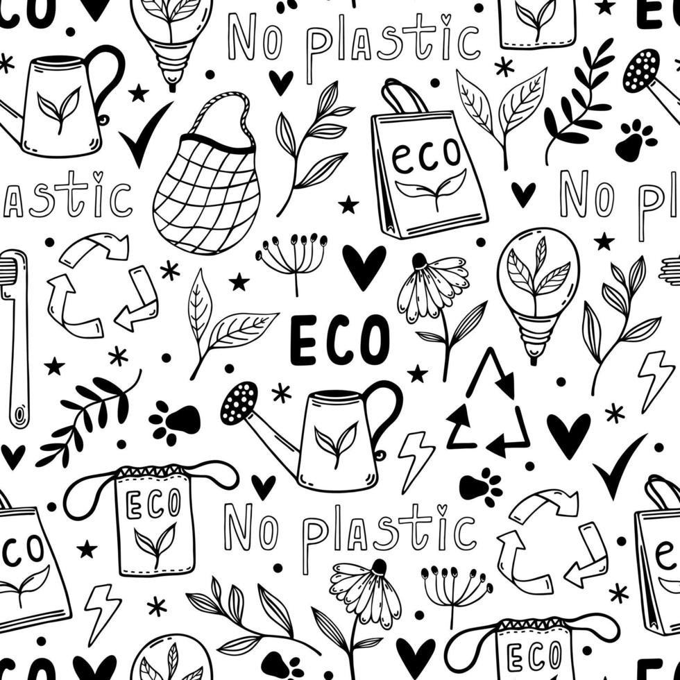 eco doodles modèle vectorielle continue. symboles de protection de l'environnement - recyclage, bioénergie, pas de plastique. passez au vert, zéro déchet. produits naturels respectueux de l'environnement. arrière-plan pour papier peint, emballage vecteur