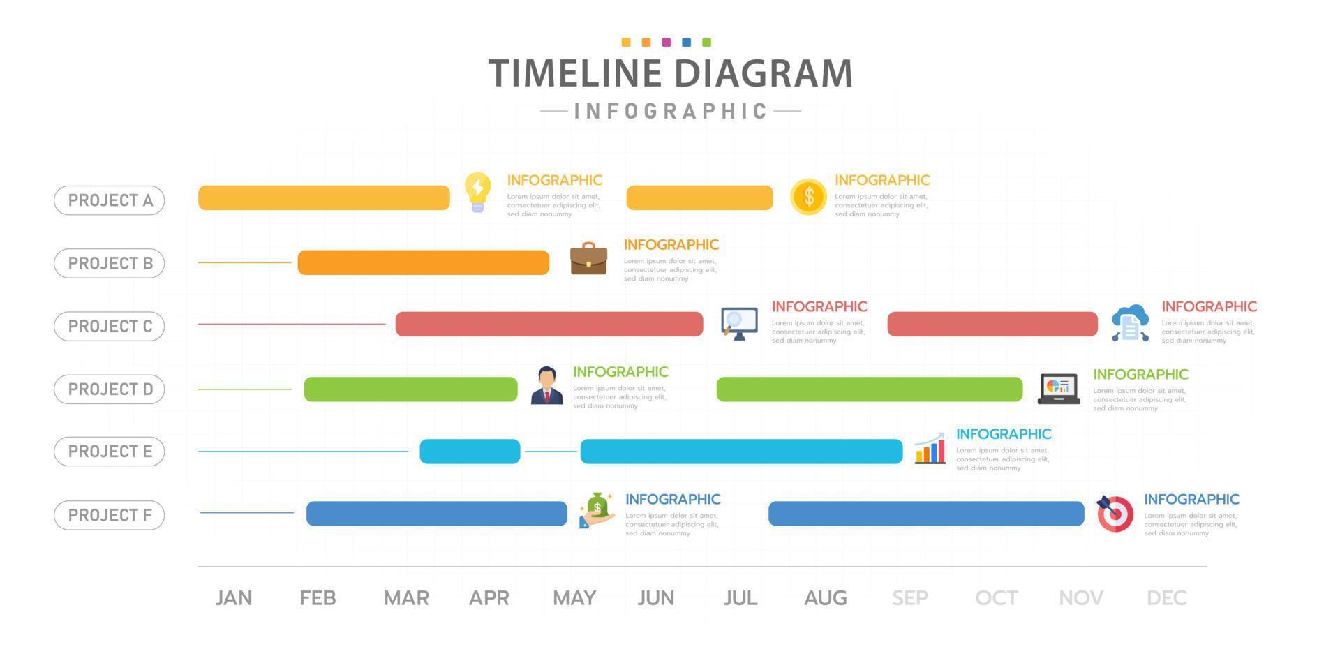 modèle d'infographie pour les entreprises. Calendrier de diagramme de chronologie moderne de 12 mois avec icônes de sujet, infographie vectorielle de présentation. vecteur