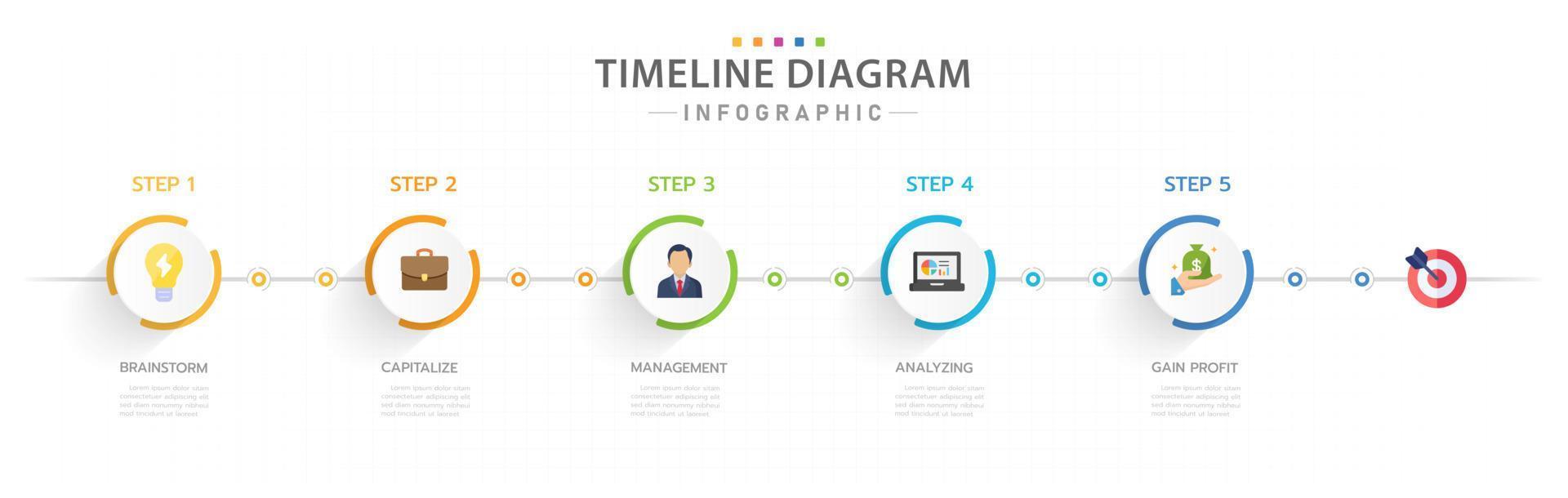 modèle d'infographie pour les entreprises. Diagramme de chronologie moderne en 5 étapes avec des sujets de cercle de titre, infographie vectorielle de présentation. vecteur