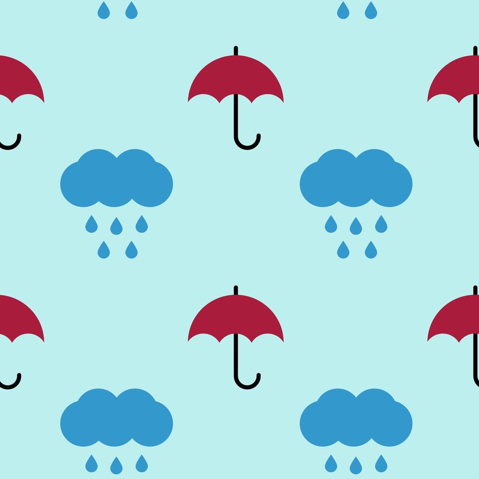 parapluies, modèle sans couture de vecteur. motif sous forme de parapluies rouges et de nuages avec des gouttes de pluie sur fond bleu. vecteur