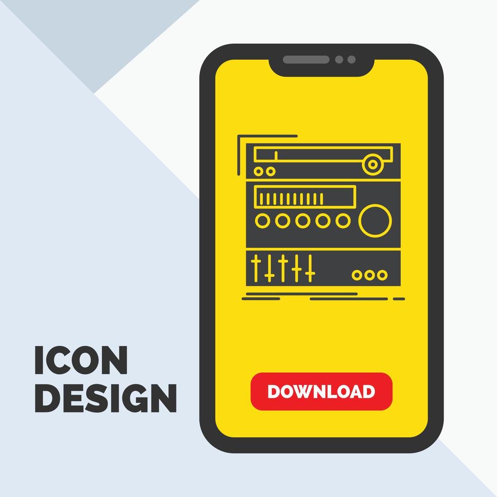 étagère. composant. module. du son. icône de glyphe de studio dans la page de téléchargement mobile. fond jaune vecteur