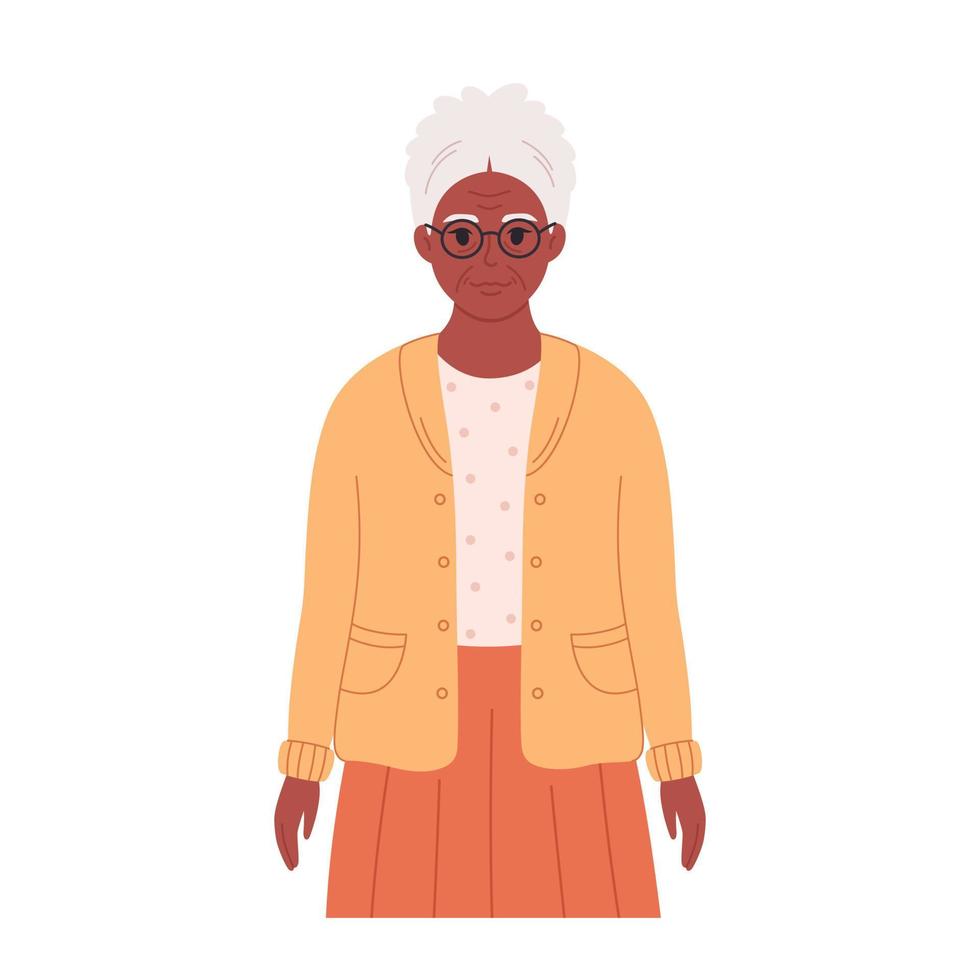 femme afro-américaine âgée aux cheveux gris portant des lunettes et un tissu élégant. grand-mère senior souriante en tenue moderne. femme à la retraite. vecteur