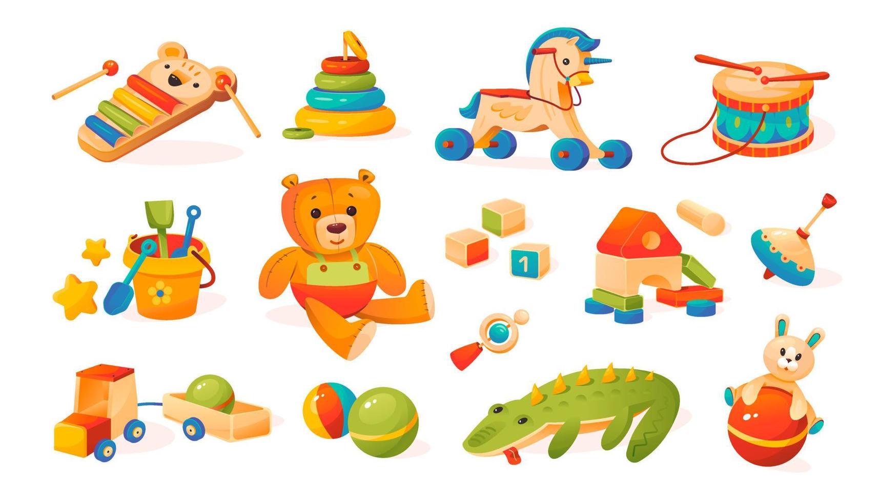 collection de jouets pour enfants. ours en peluche, ballon, cubes, jouets en bois. style de bande dessinée vecteur