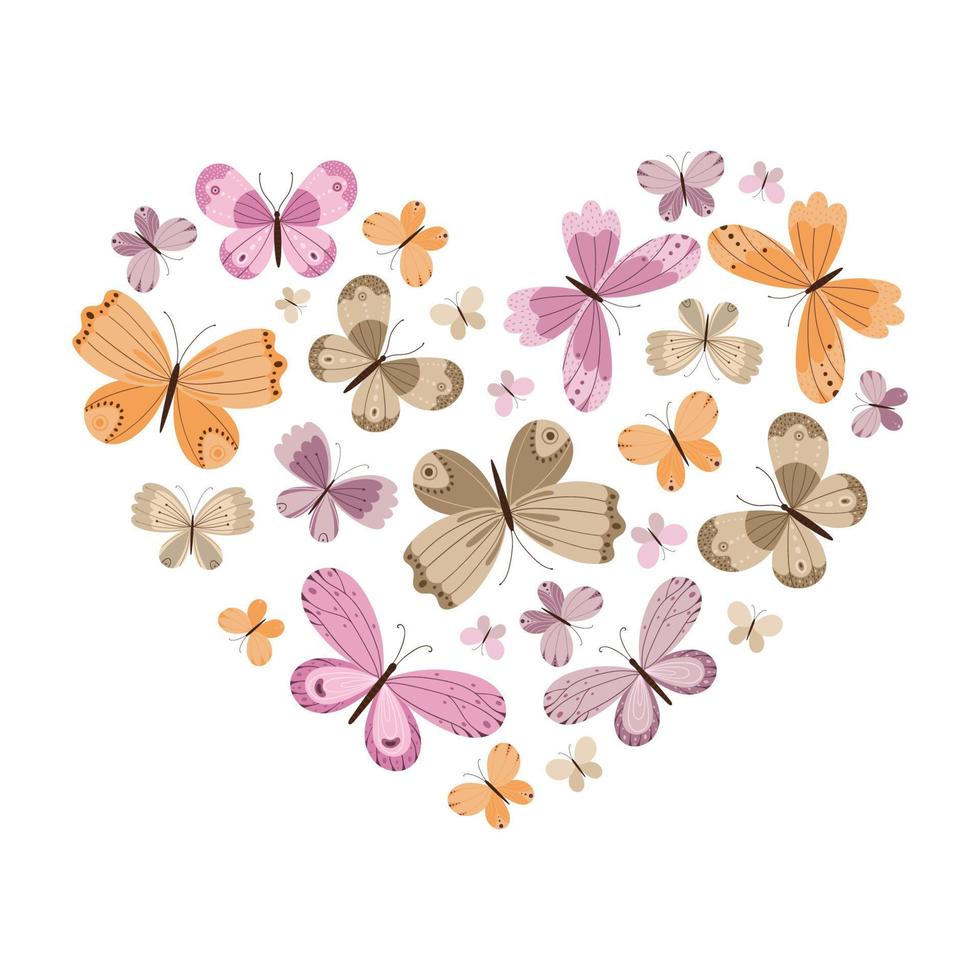 coeur d'une variété de papillons colorés. carte postale ou modèle d'impression. illustration vectorielle isolée sur fond blanc vecteur