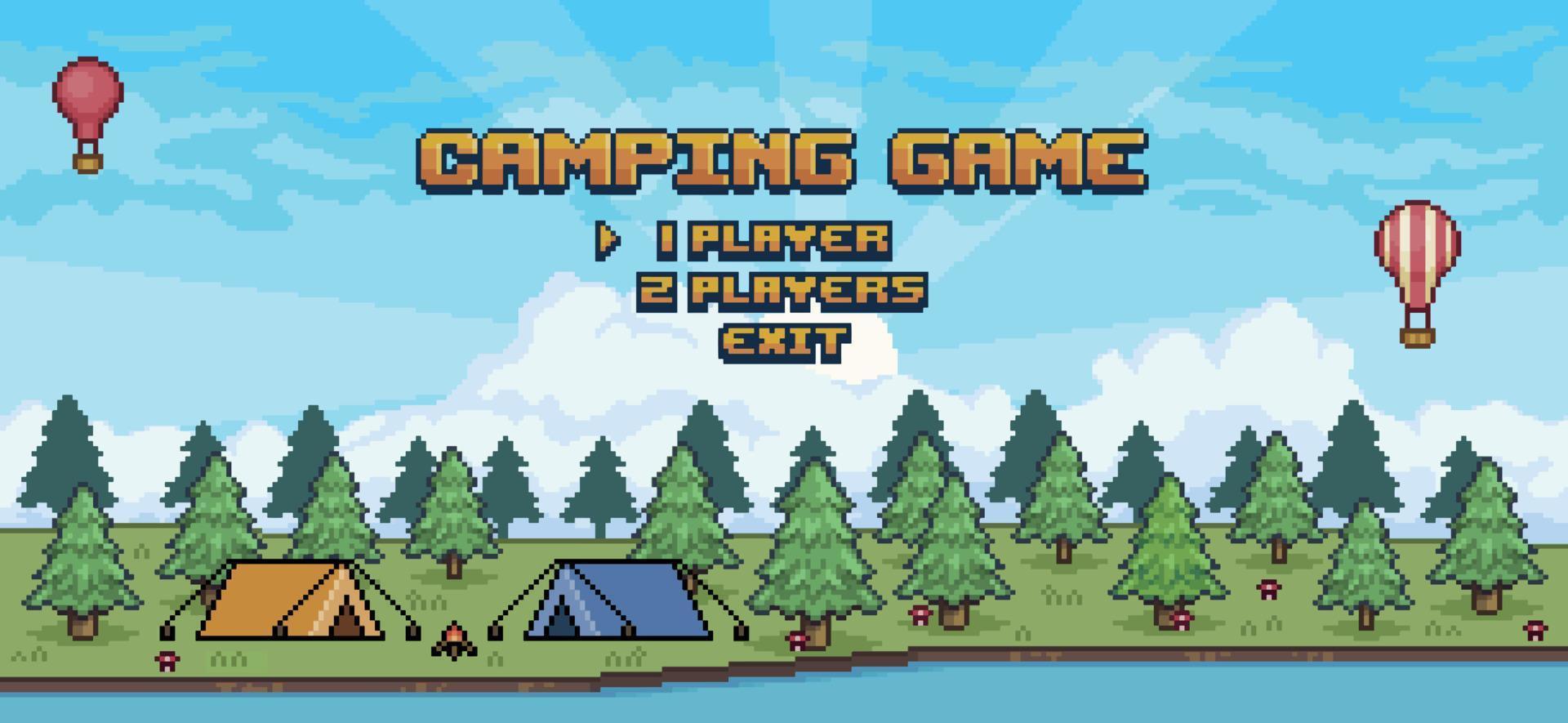 jeu de camping pixel art avec forêt de pins, tentes, feu de joie, rivière, ballons et fond de paysage de ciel bleu pour jeu 8 bits vecteur