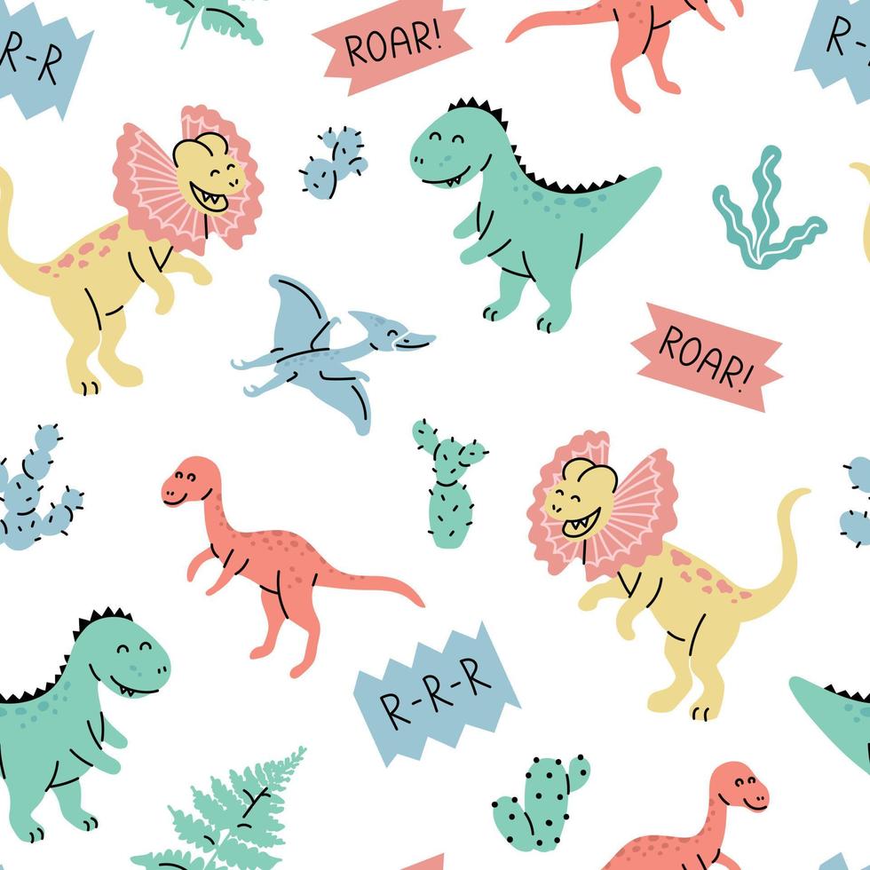 modèle sans couture avec des dinosaures dessinés à la main dans un style scandinave. vecteur