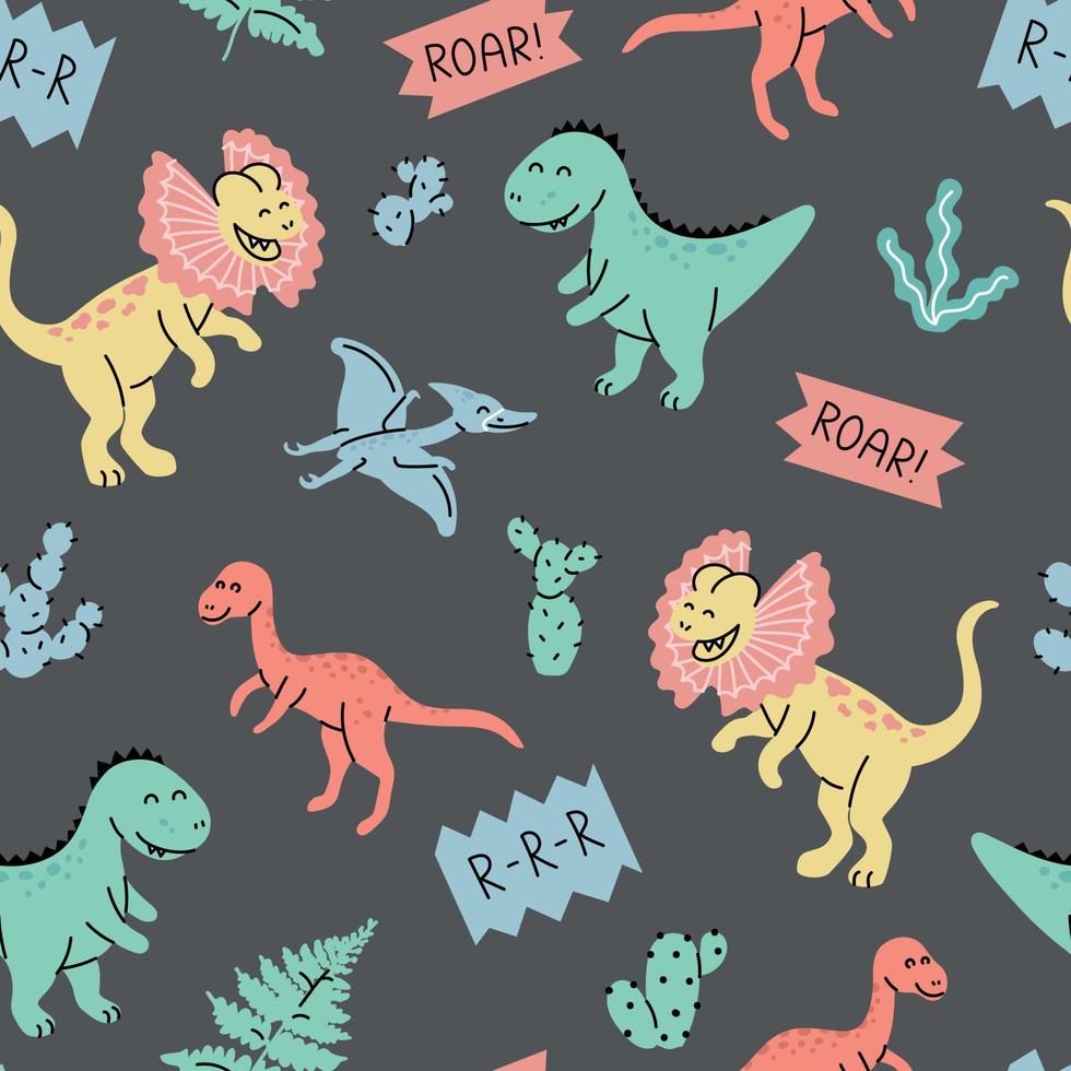 modèle sans couture avec des dinosaures dessinés à la main dans un style scandinave. vecteur