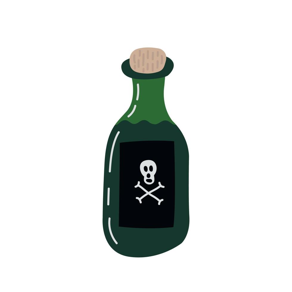 bouteille de vecteur avec illustration plate de potion verte. bouteille d'halloween avec crâne et os croisés empoisonnés