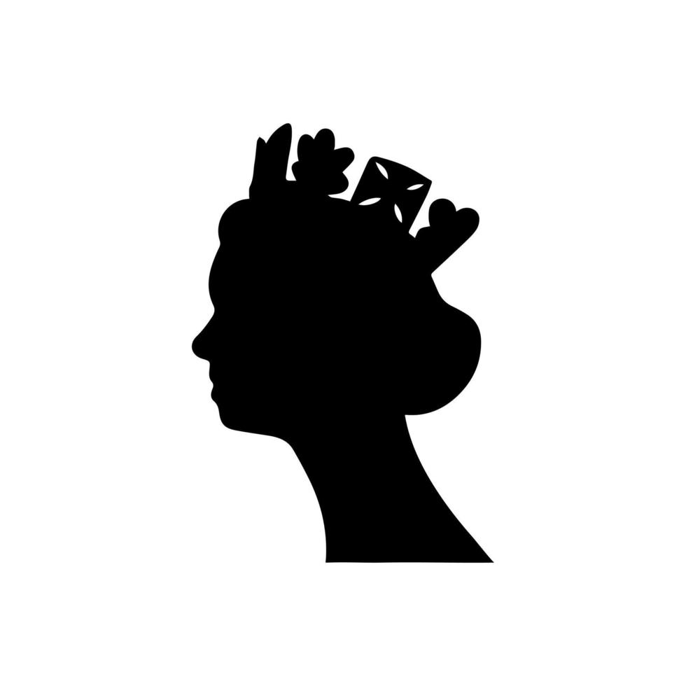 silhouette vecteur noir de la reine elizabeth. image vectorielle traditionnelle de la reine de grande-bretagne portant la vue latérale de la couronne.