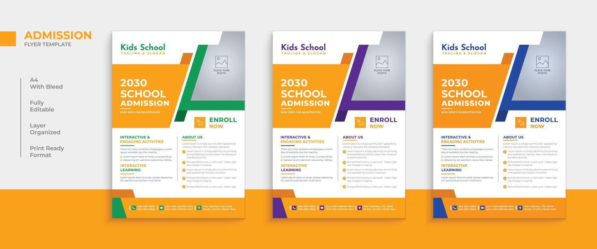 conception de flyer d'éducation créative, conception de mise en page de modèle d'admission à l'école vecteur