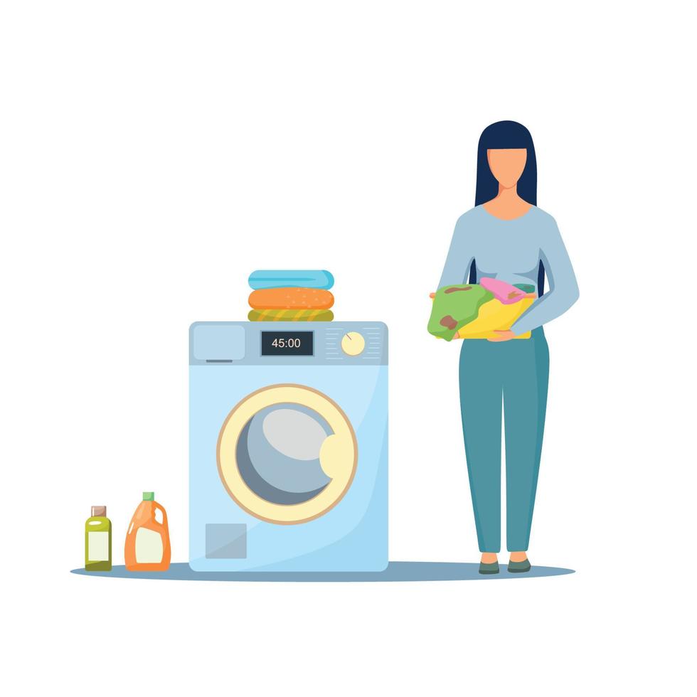 femme lave les vêtements. une femme tient un panier de vêtements sales à côté d'une machine à laver. vecteur de dessin animé.