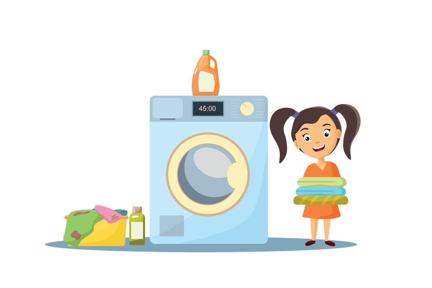 une fille à côté d'une machine à laver ramasse des vêtements propres. illustration de dessin animé de vecteur