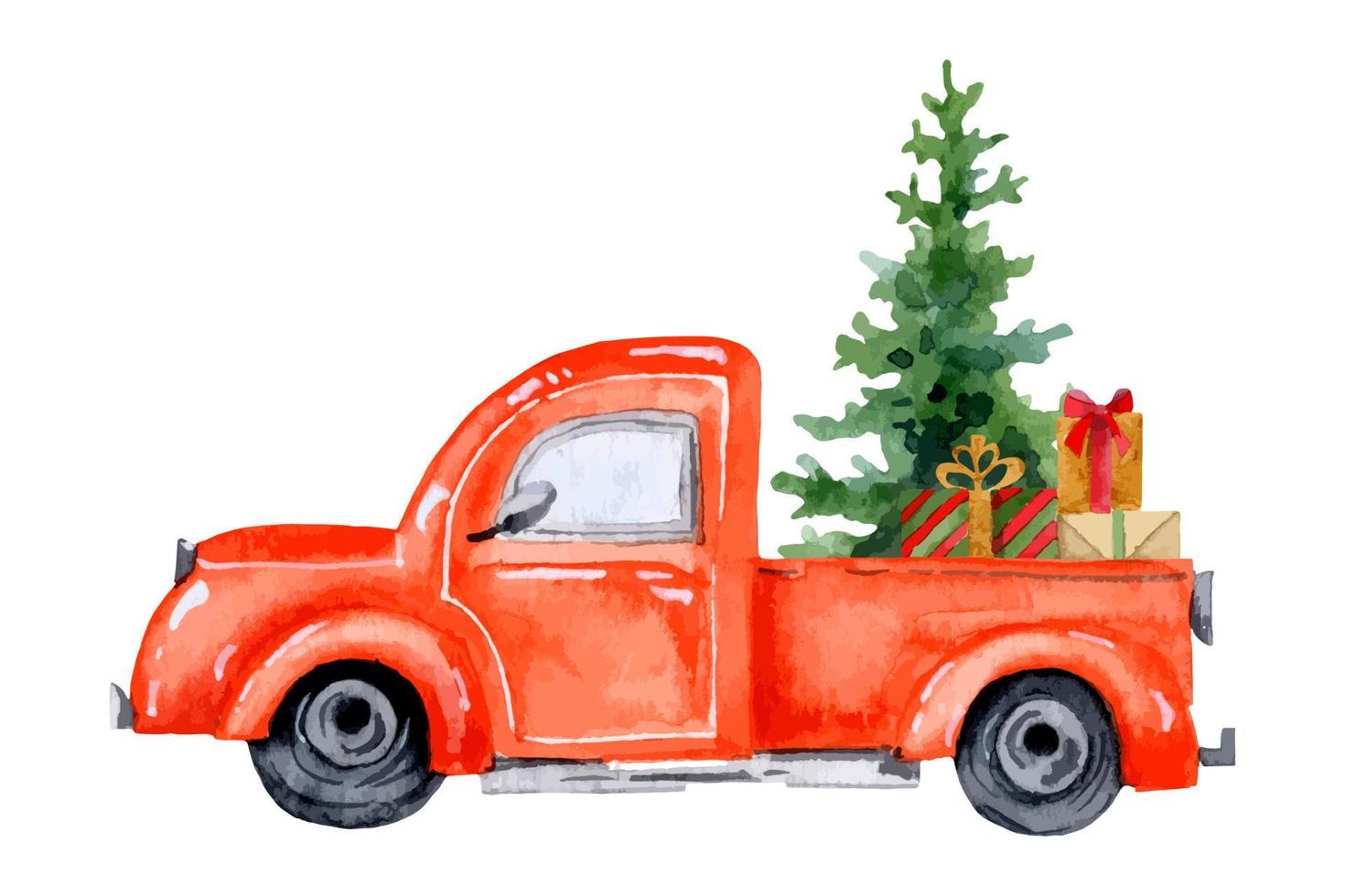 camion vintage rouge aquarelle avec arbre de noël et cadeaux. illustration dessinée à la main pour les cartes de voeux et cartes postales du nouvel an. dessin sur fond blanc vecteur