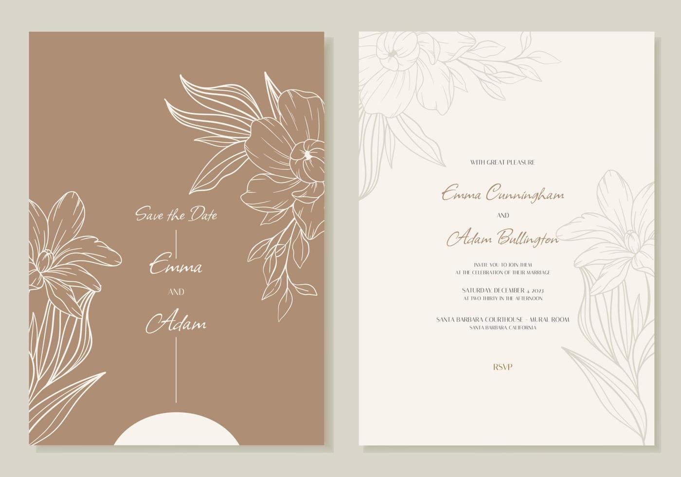 faire-part de mariage minimaliste avec des fleurs de contour, en beige. modèle de conception de carte rsvp. vecteur. vecteur