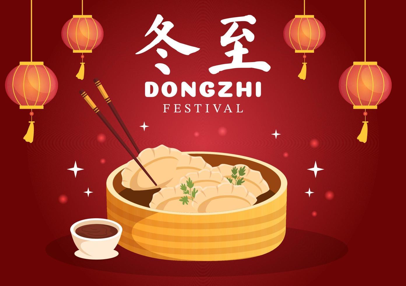 dongzhi ou modèle de festival du solstice d'hiver illustration plate de dessin animé dessiné à la main avec la famille profitant de la cuisine chinoise concept tangyuan et jiaozi vecteur