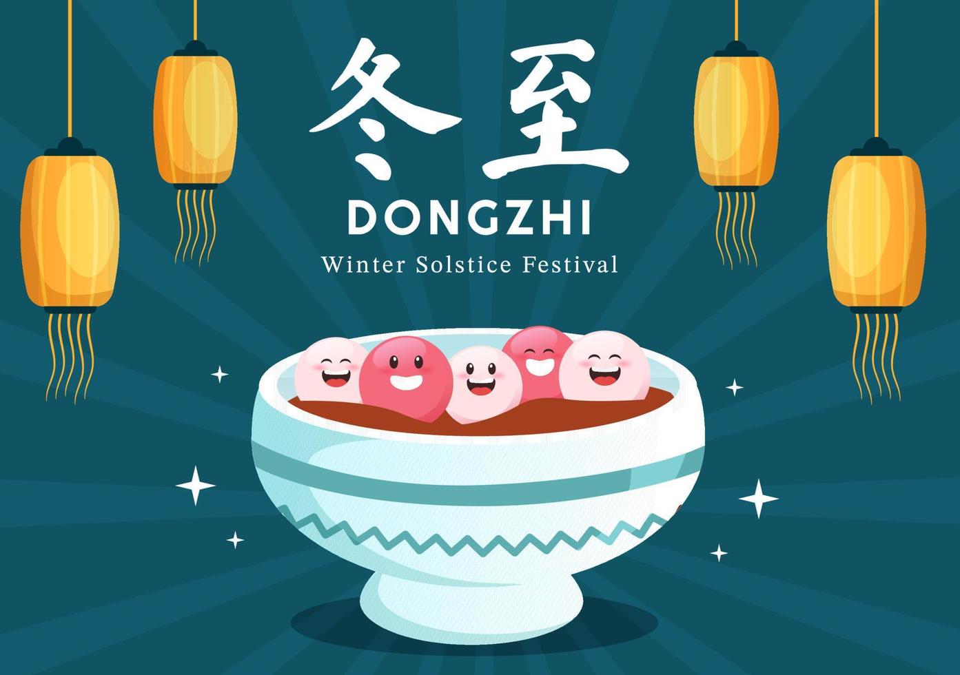 dongzhi ou modèle de festival du solstice d'hiver illustration plate de dessin animé dessiné à la main avec la famille profitant de la cuisine chinoise concept tangyuan et jiaozi vecteur