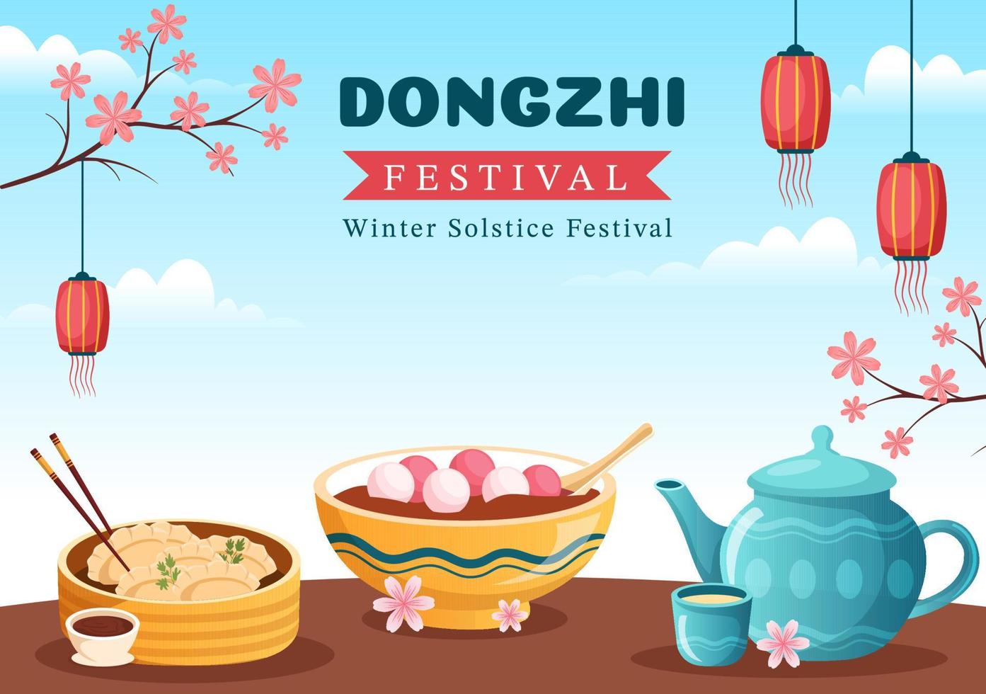 dongzhi ou modèle de festival du solstice d'hiver illustration plate de dessin animé dessiné à la main avec la famille profitant de la cuisine chinoise concept tangyuan et jiaozi vecteur