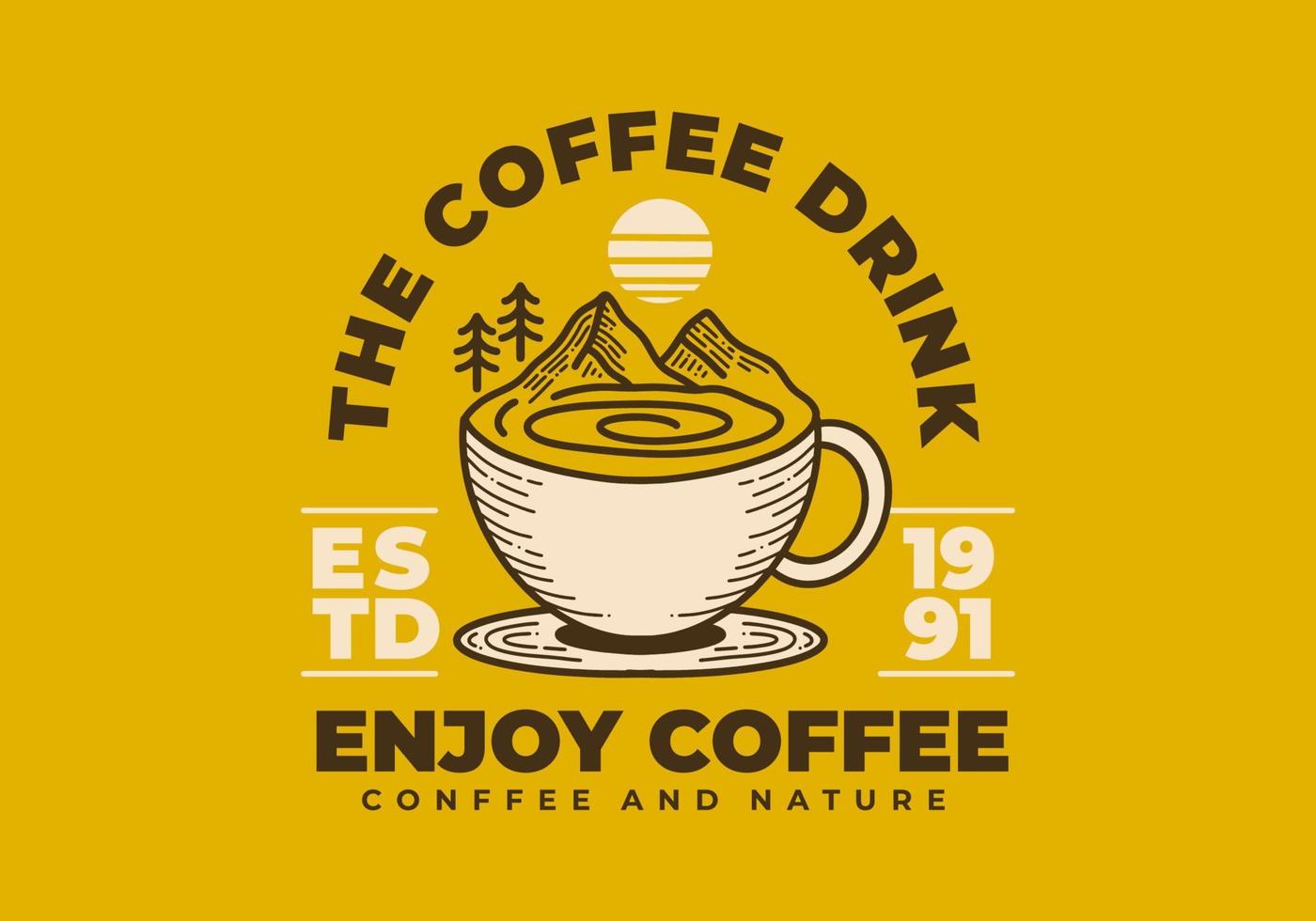 tasse à café rétro et conception d'illustration de montagne vecteur