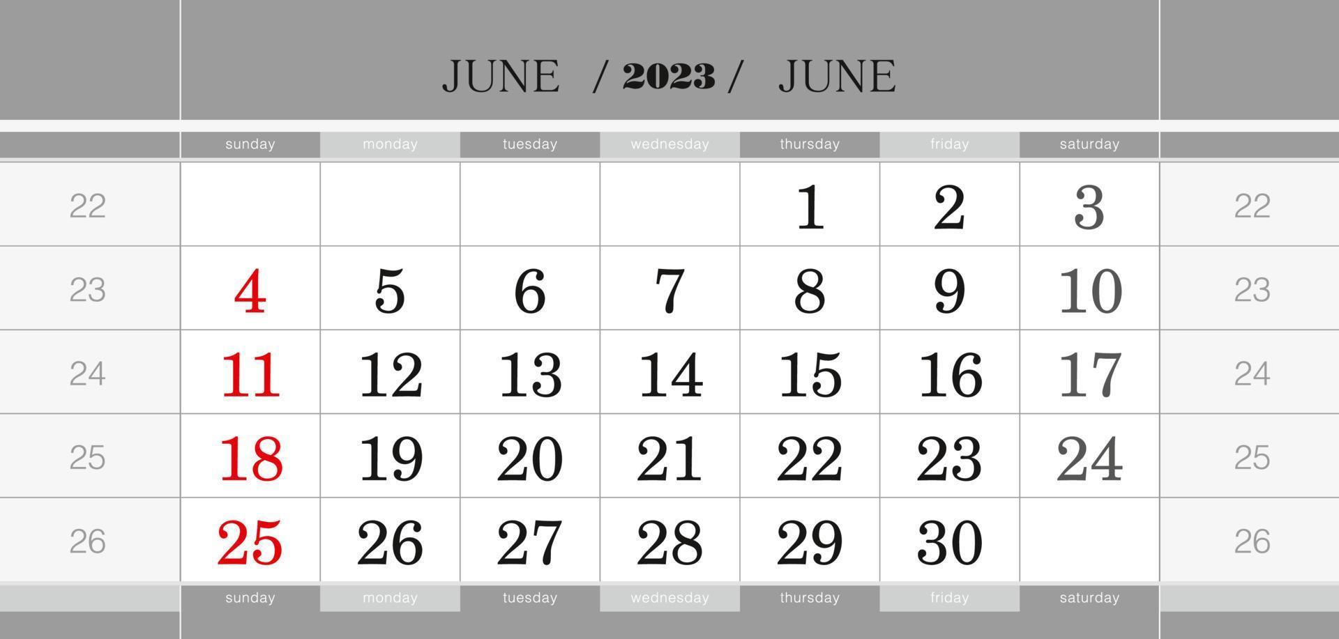 bloc de calendrier trimestriel de juin 2023. calendrier mural en anglais, la semaine commence le dimanche. vecteur