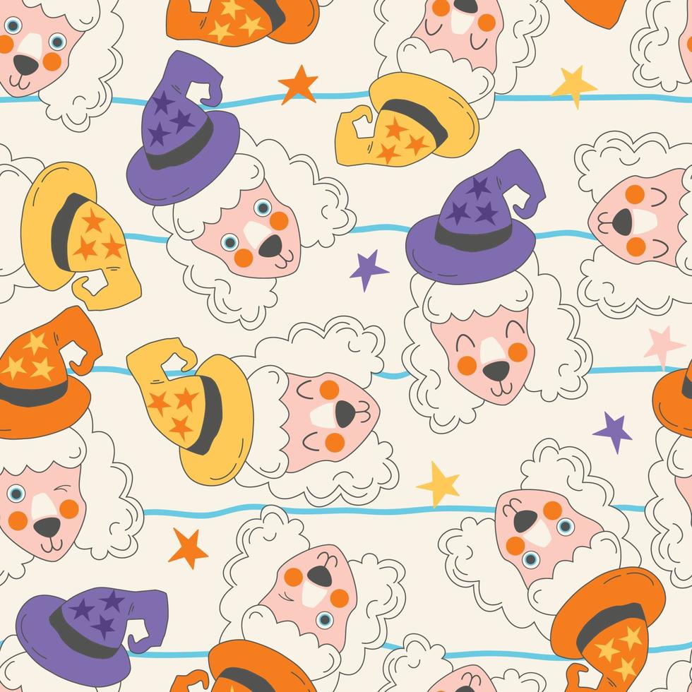 modèle sans couture d'illustrations de caniche de dessin animé mignon. chiens de visage mignons en costumes de sorcier, étoiles, chapeaux, sur fond clair de lignes colorées. motif répétable pour halloween. impressions pour enfants et enfants. vecteur