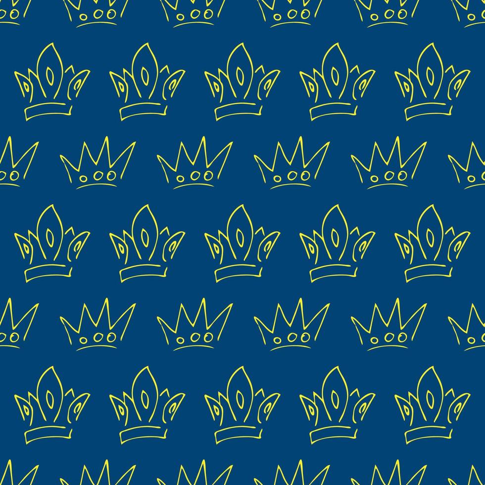 couronnes dessinées à la main. modèle sans couture de couronnes de reine ou de roi de croquis de graffiti simples. couronnement royal impérial et symboles du monarque. doodle pinceau jaune isolé sur fond bleu. illustration vectorielle. vecteur