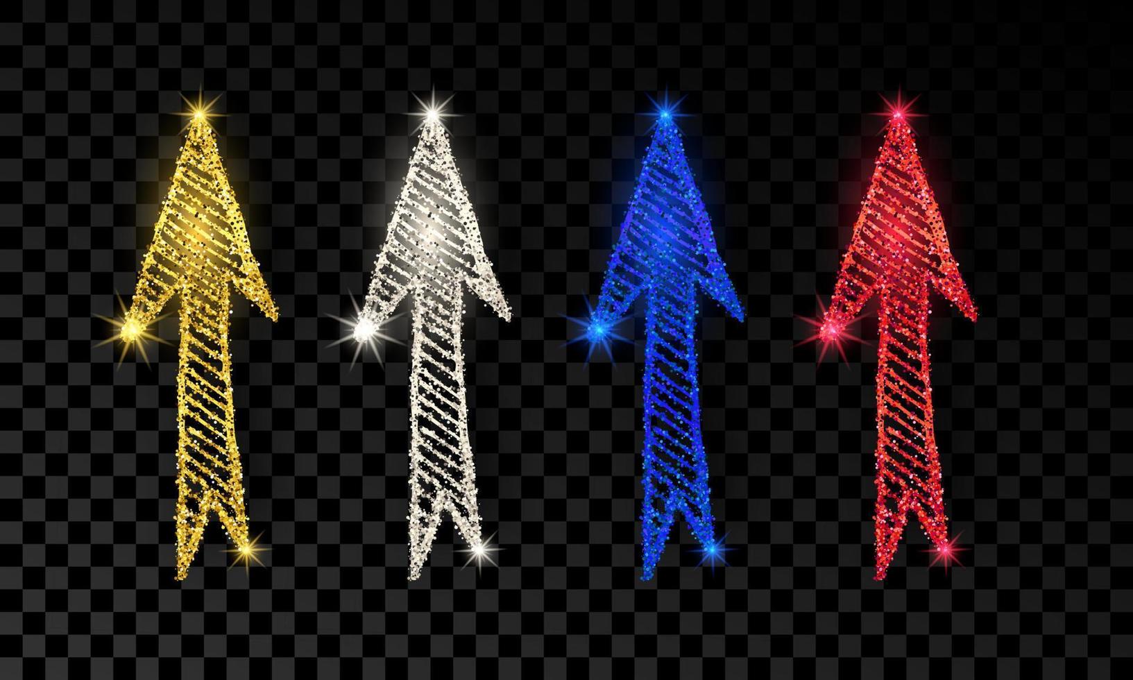 ensemble de quatre flèches dessinées à la main doodle avec effet de paillettes or, argent, bleu et rouge sur fond transparent foncé. illustration vectorielle vecteur