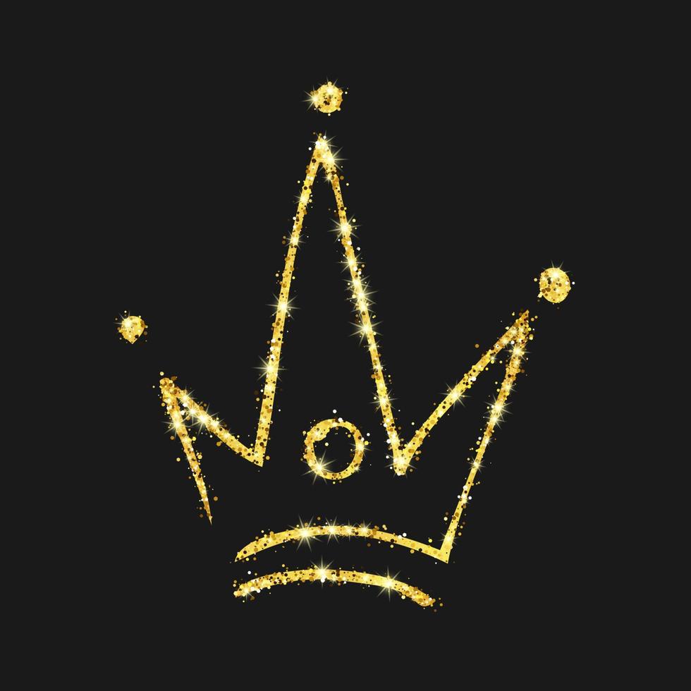 couronne dessinée à la main de paillettes d'or. reine de croquis de graffiti simple ou couronne de roi. couronnement impérial royal et symbole monarque isolé sur fond sombre. illustration vectorielle vecteur