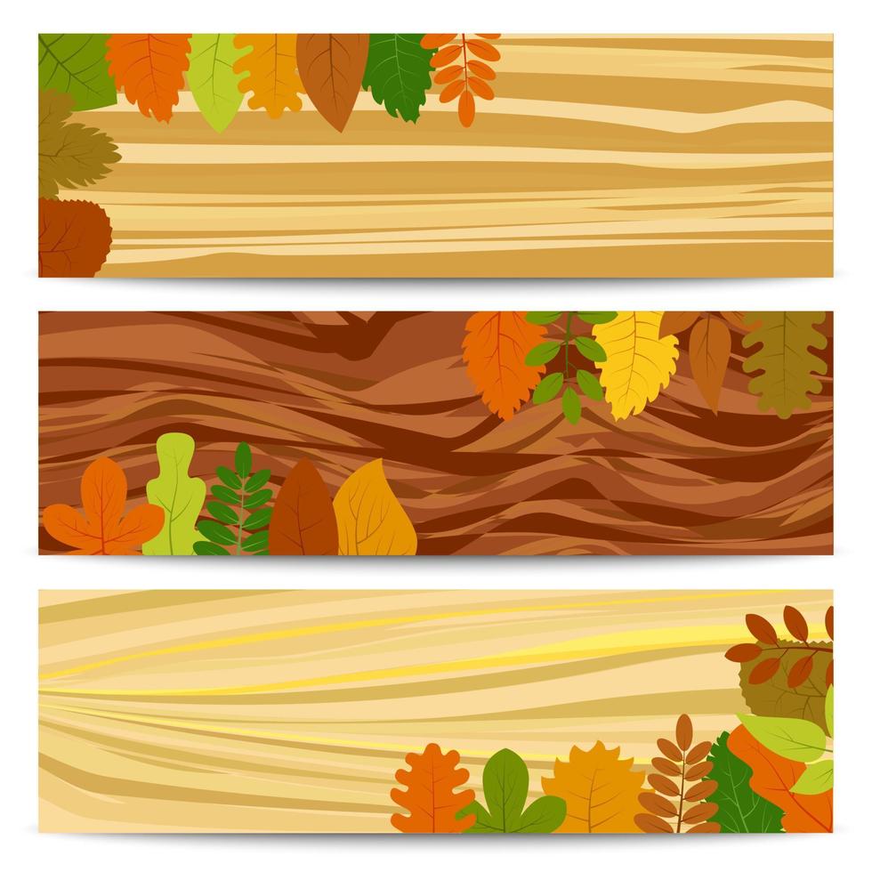 bannières d'automne. trois bannières d'automne avec des feuilles jaunes sur une table en bois. illustration vectorielle. vecteur