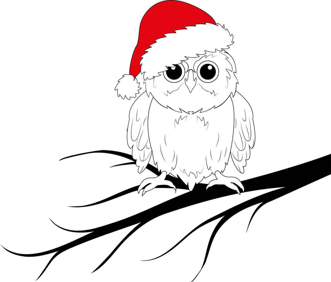 hibou sur une branche dans un bonnet de noel. joyeux Noel et bonne année. vecteur