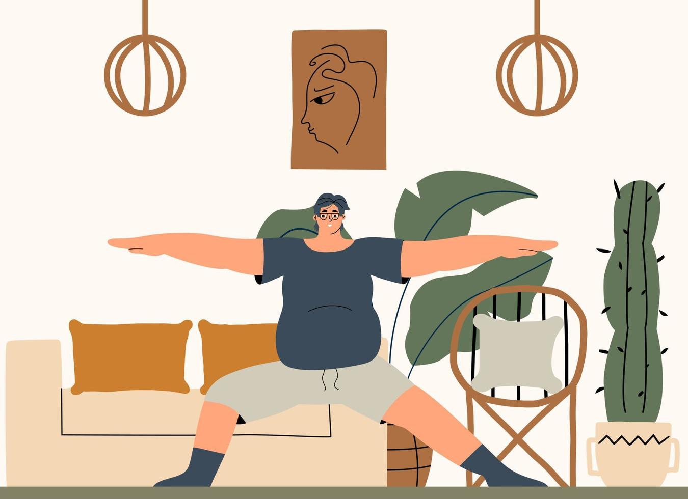 corps positif homme en surpoids faisant l'exercice à la maison. intérieur de style bohème. illustration vectorielle dessinés à la main. vecteur