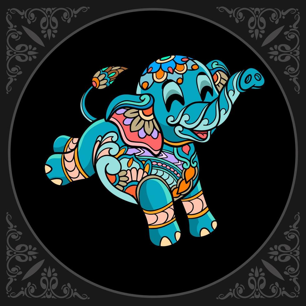 Arts de mandala de dessin animé mignon éléphant coloré isolé sur fond noir vecteur