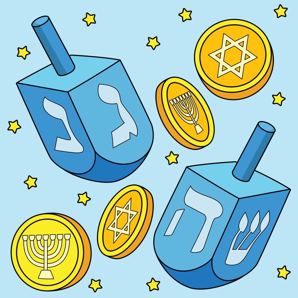 hanukkah dreidel et pièces de dessin animé coloré vecteur