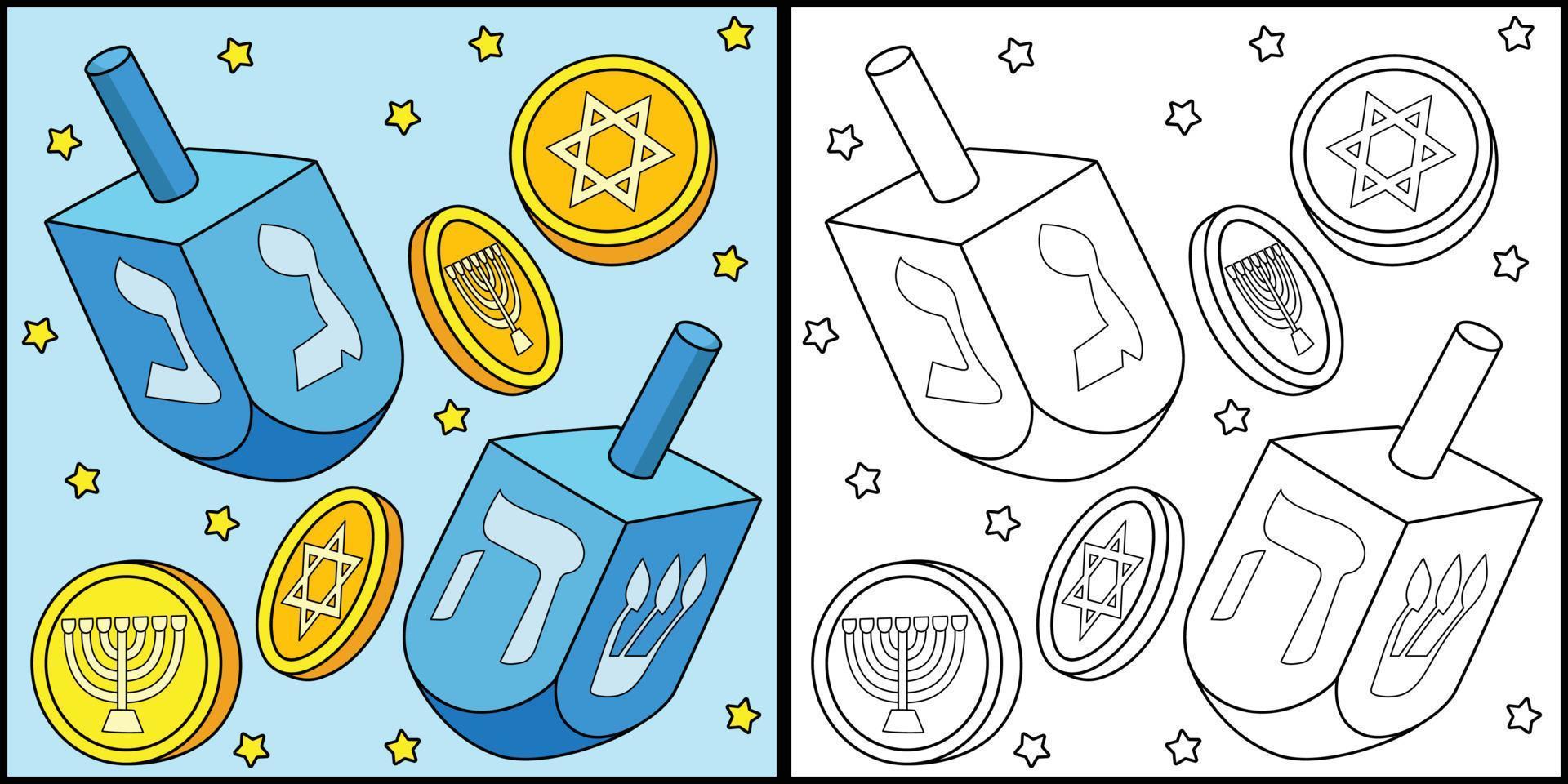 hanukkah dreidel et pièces à colorier illustration vecteur