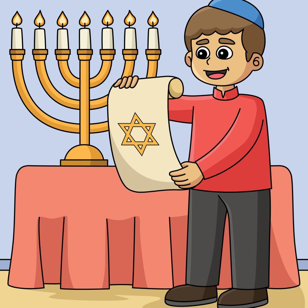 juif de hanukkah avec dessin animé de couleur de défilement vecteur