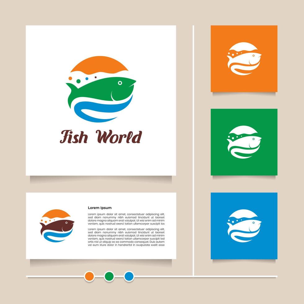conception de vecteur de logo de monde de poisson avec la couleur orange, bleue et verte moderne. illustration vectorielle du logo du monde de la mer