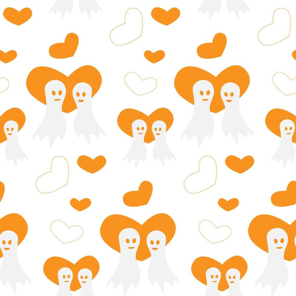 motif d'halloween harmonieux avec deux fantômes amoureux et des formes de coeur orange dans des tons tendance. isoler vecteur