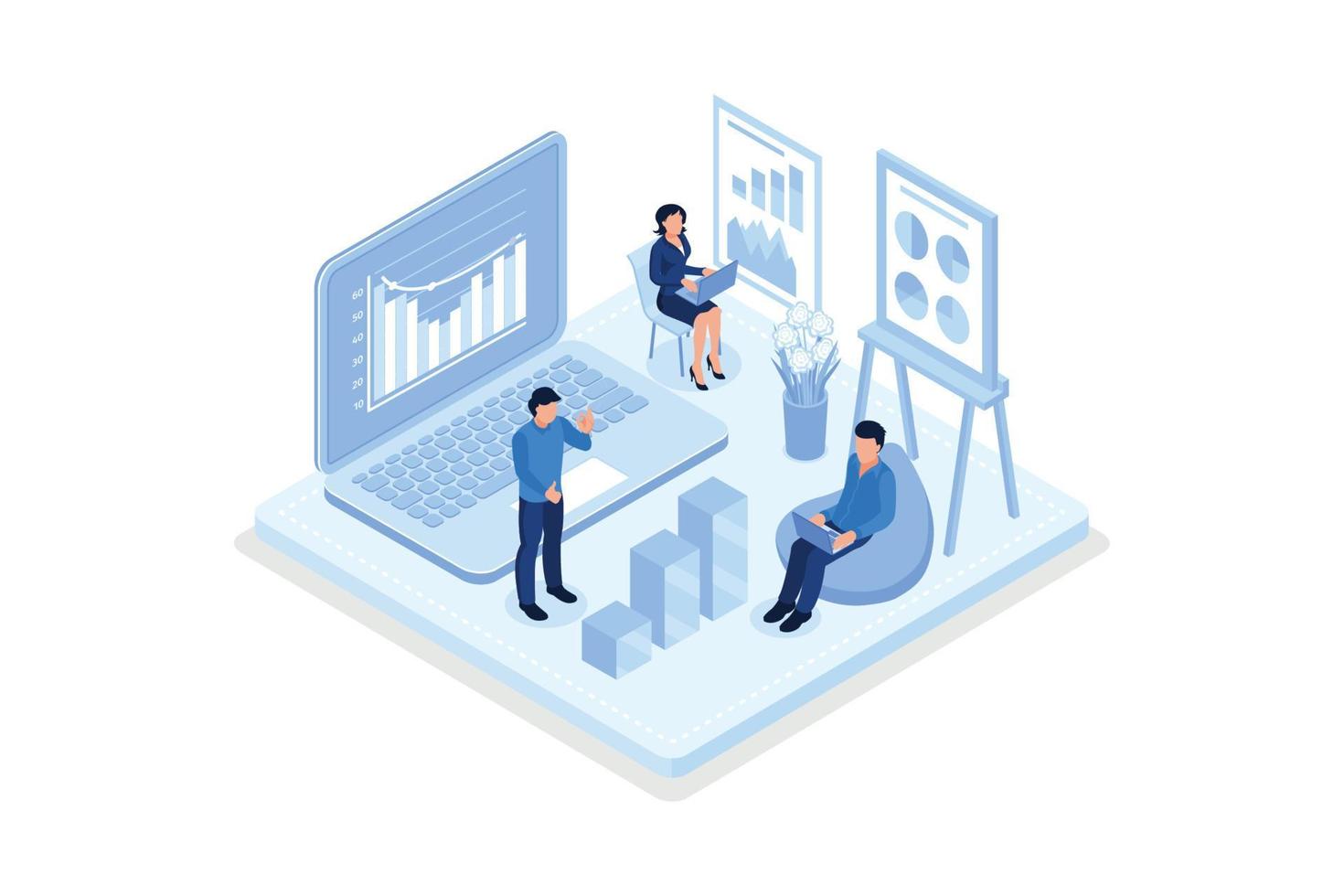 personnages analysant les données boursières et planifiant la stratégie d'investissement. personnes examinant des graphiques, des tableaux et des diagrammes financiers. concept de négociation d'actions, illustration moderne de vecteur isométrique