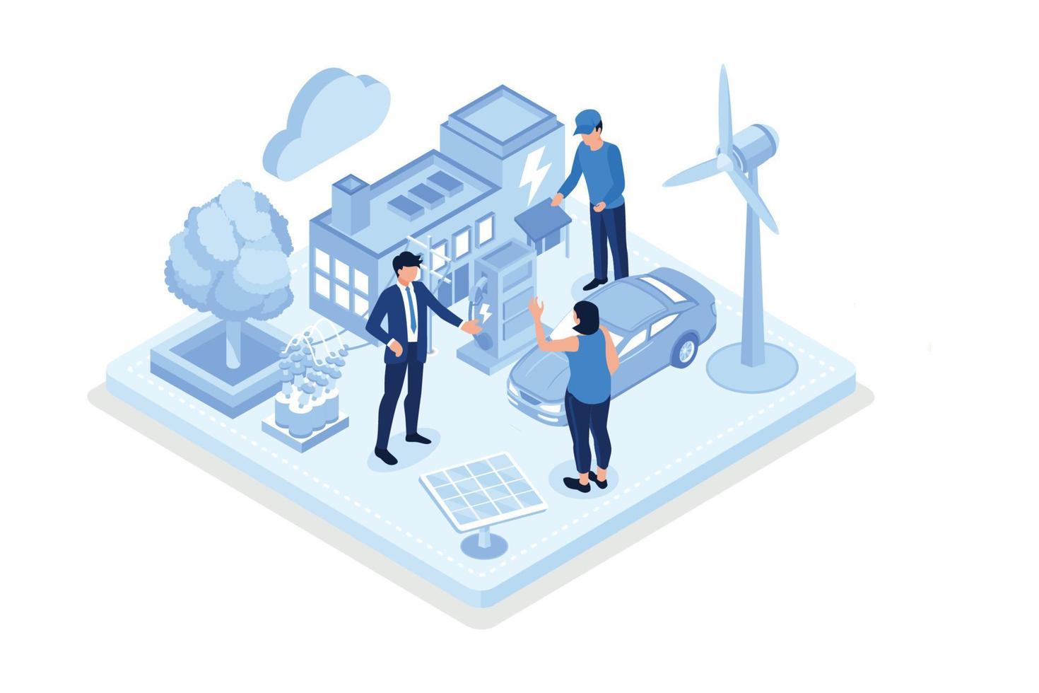 technologie de réseau intelligent avec énergie renouvelable. générateurs d'électricité éolienne et panneaux solaires connectés à une maison intelligente et à une voiture électrique. durabilité et éco-énergie, isométrique vecteur