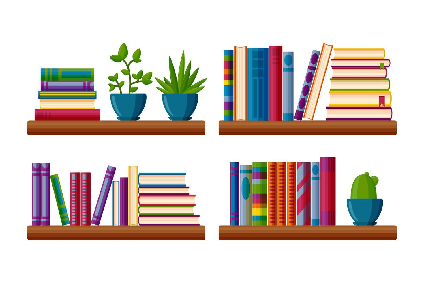 étagères avec des livres et des plantes en pot. livres en style cartoon. illustration vectorielle vecteur
