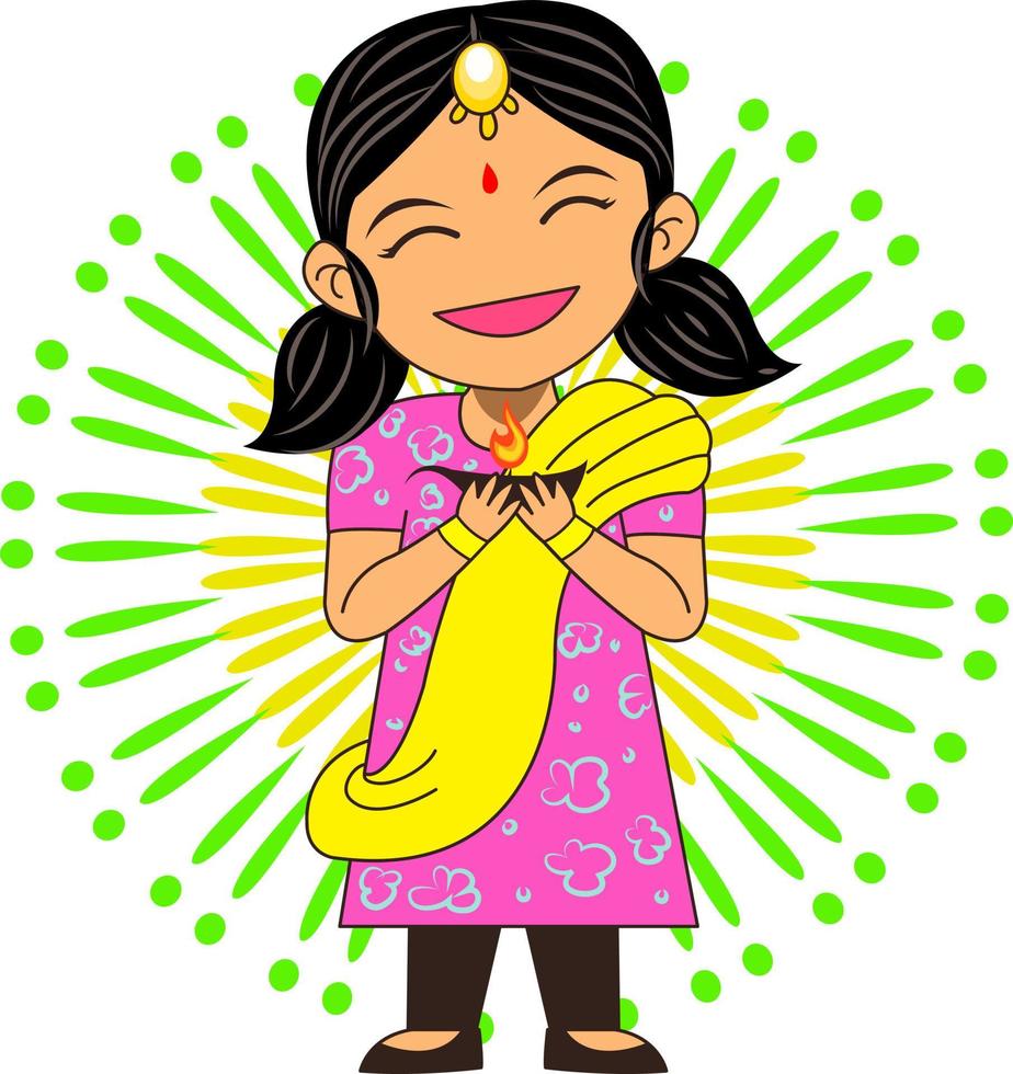 dessin animé mignon personnage petite fille célébrant le jour de diwali vecteur