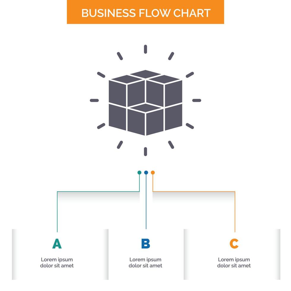 boîte. labyrinthe. puzzle. la solution. conception d'organigramme métier cube en 3 étapes. icône de glyphe pour la place du modèle d'arrière-plan de présentation pour le texte. vecteur