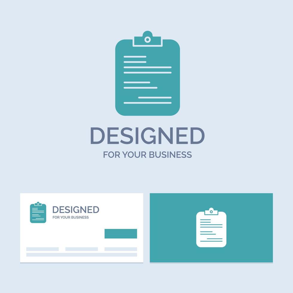 rapport. médical. papier. liste de contrôle. symbole d'icône de glyphe de logo d'entreprise de document pour votre entreprise. cartes de visite turquoise avec modèle de logo de marque. vecteur