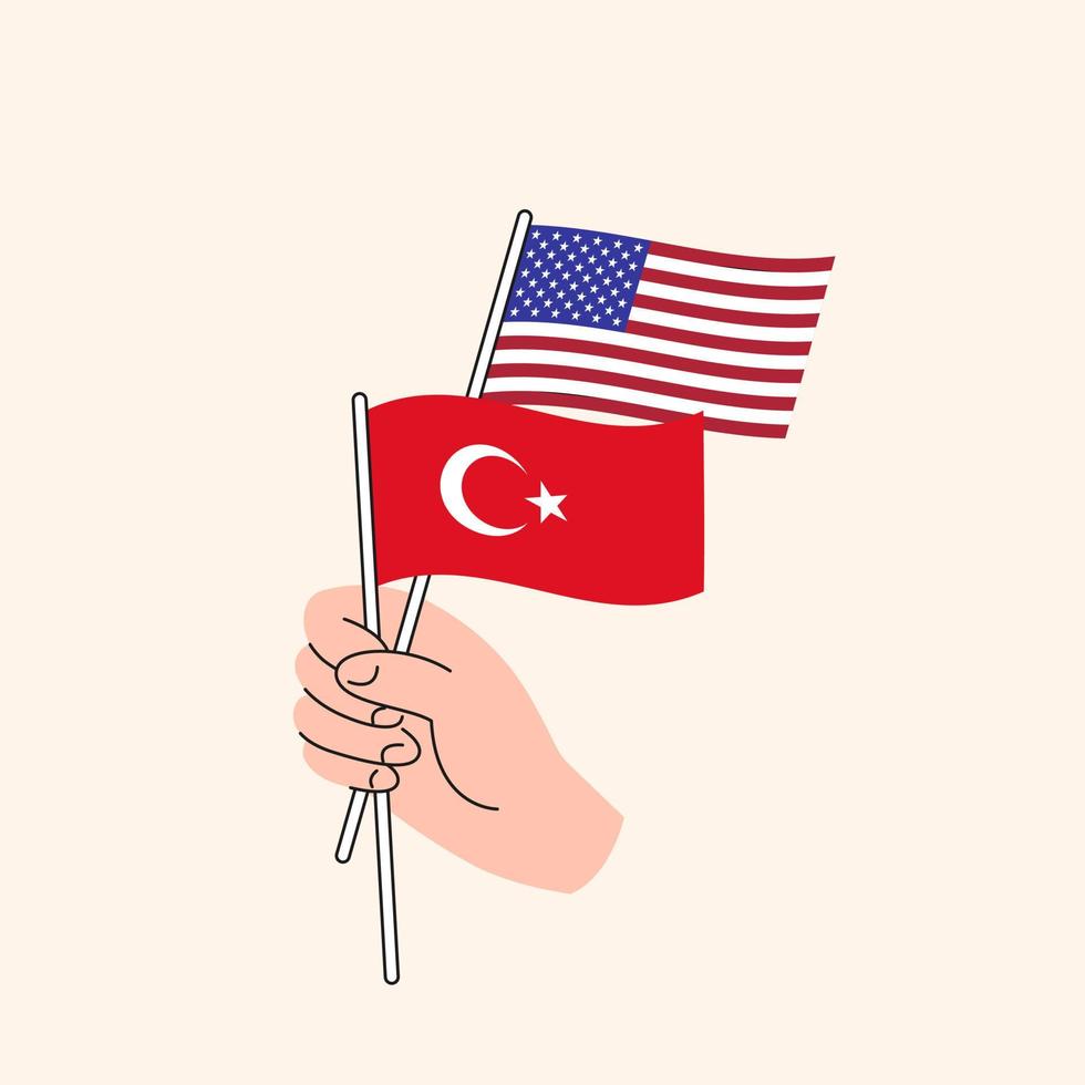main de dessin animé tenant des drapeaux américains et turcs. relations entre nous et la dinde. concept de diplomatie, de politique et de négociations démocratiques. design plat vecteur isolé