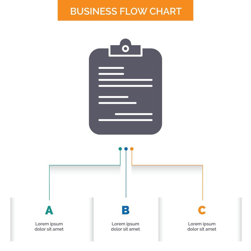 rapport. médical. papier. liste de contrôle. documenter la conception d'un organigramme d'entreprise en 3 étapes. icône de glyphe pour la place du modèle d'arrière-plan de présentation pour le texte. vecteur