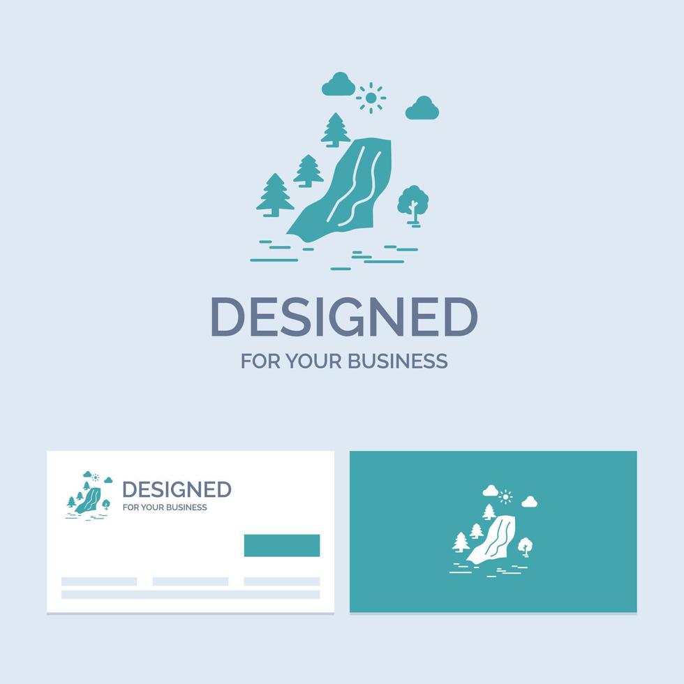 cascade. arbre. la douleur. des nuages. symbole d'icône de glyphe de logo d'entreprise de nature pour votre entreprise. cartes de visite turquoise avec modèle de logo de marque. vecteur