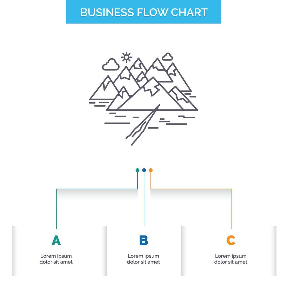 Montagne. colline. paysage. rochers. craquer la conception d'organigramme d'affaires en 3 étapes. icône de ligne pour le modèle d'arrière-plan de présentation place pour le texte vecteur