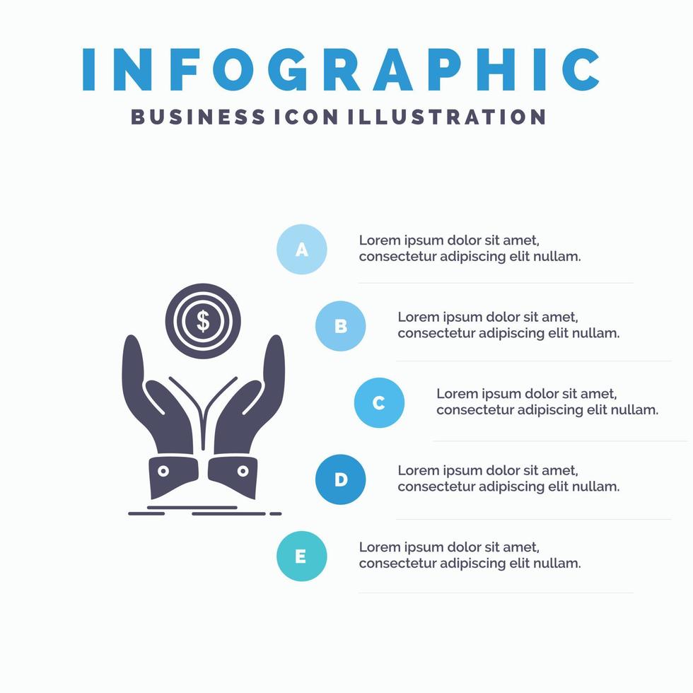 pièce de monnaie. main. empiler. dollar. modèle d'infographie sur les revenus pour le site Web et la présentation. icône grise de glyphe avec illustration vectorielle de style infographique bleu. vecteur