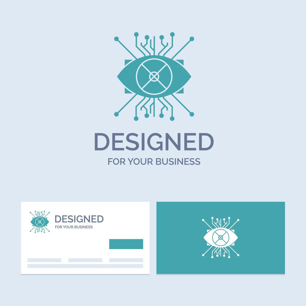 ar. augmentation. cybernétique. œil. symbole d'icône de glyphe de logo d'entreprise de lentille pour votre entreprise. cartes de visite turquoise avec modèle de logo de marque. vecteur