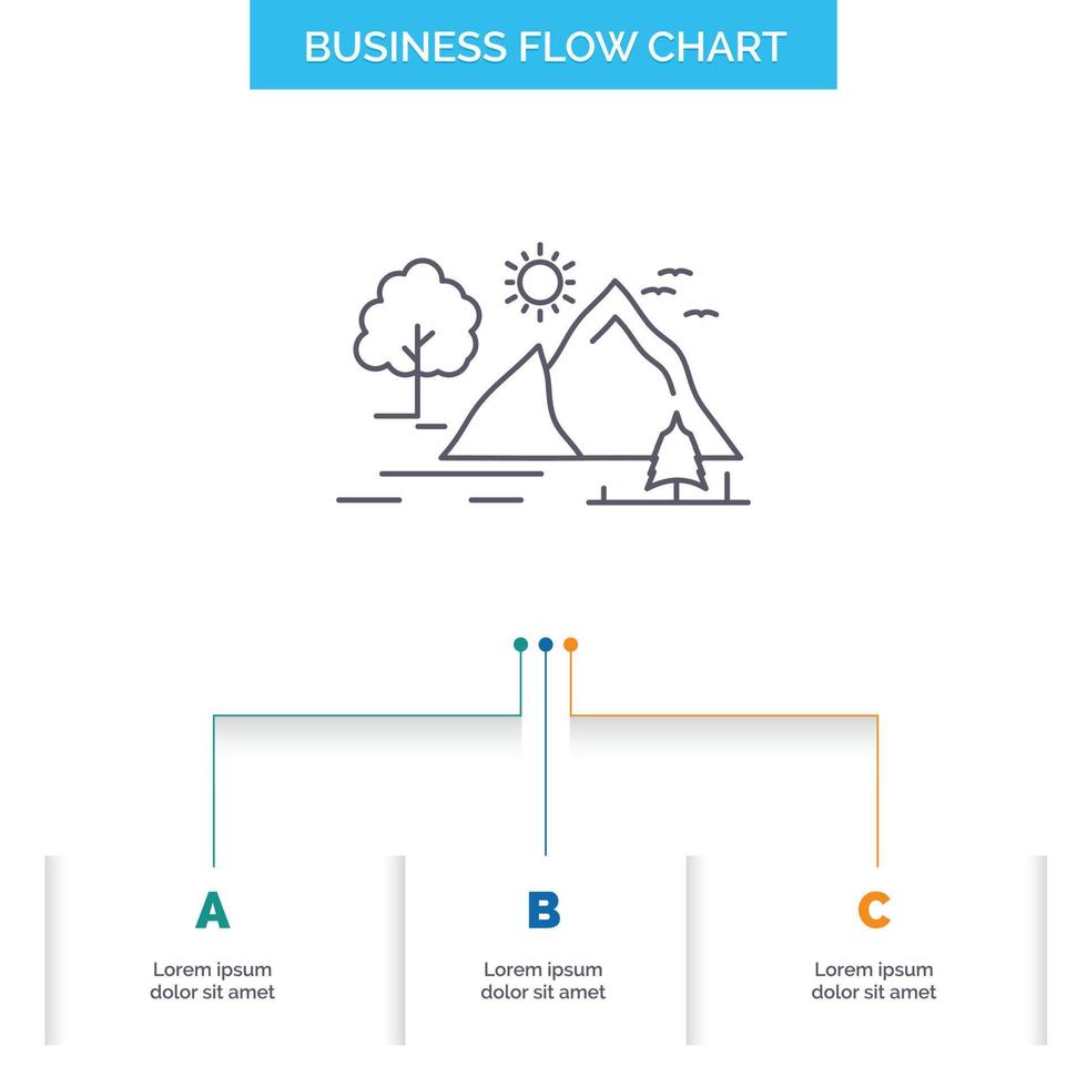 colline. paysage. la nature. Montagne. conception d'organigramme d'affaires du soleil avec 3 étapes. icône de ligne pour le modèle d'arrière-plan de présentation place pour le texte vecteur